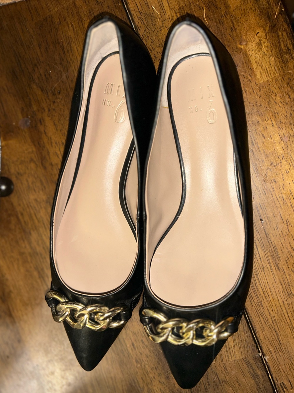 Mix No. 6 Black Pointed Flats with Gold Chain Accent